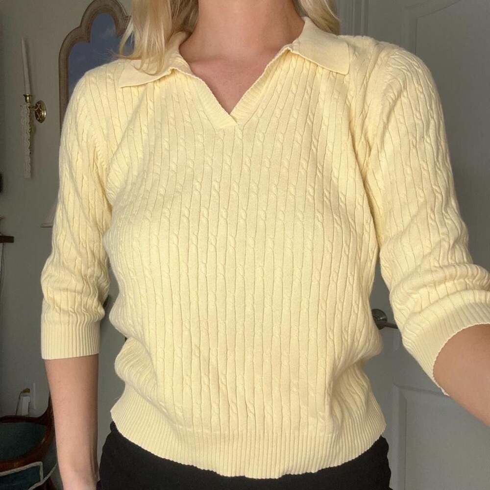 Unbranded Yellow Cable Knit Polo Collared Sweater